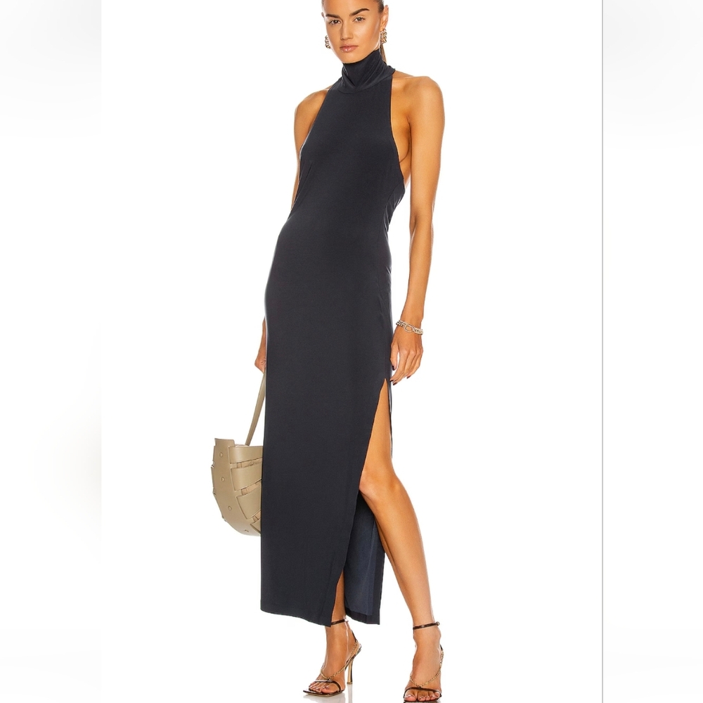 Norma Kamali Halter Turtleneck Side Slit Dress.